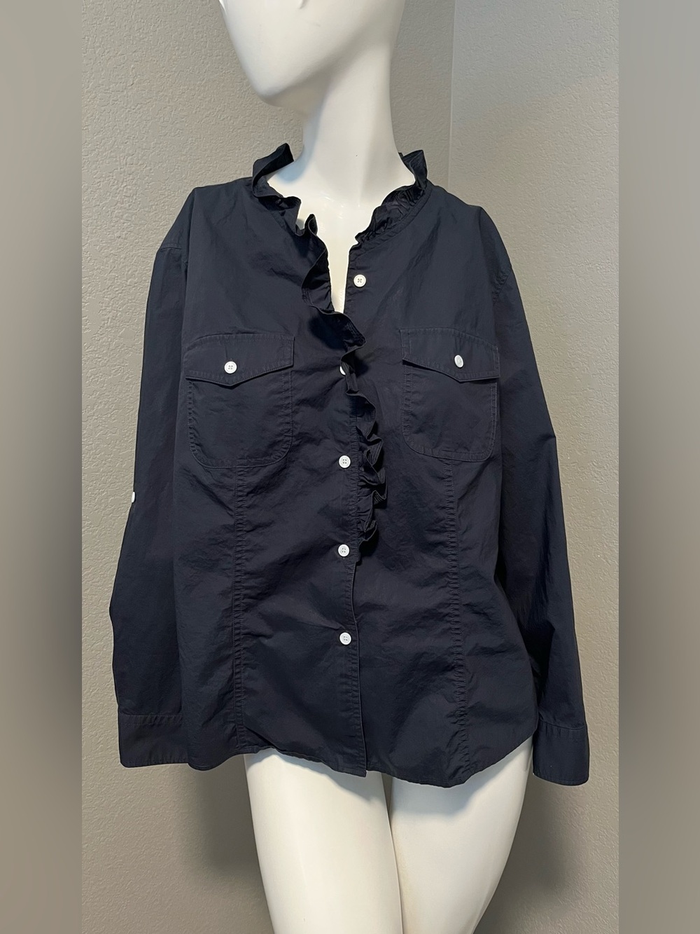 Women’s Plus TALBOTS PETITES Cotton Navy Ruffle-Trim BD LS Shirt Size 18WP